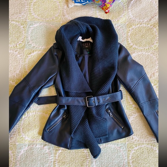 G.I.Ll. Blue faux leather belted moto jacket, attached knit shawl collar NWOT - Picture 15 of 15